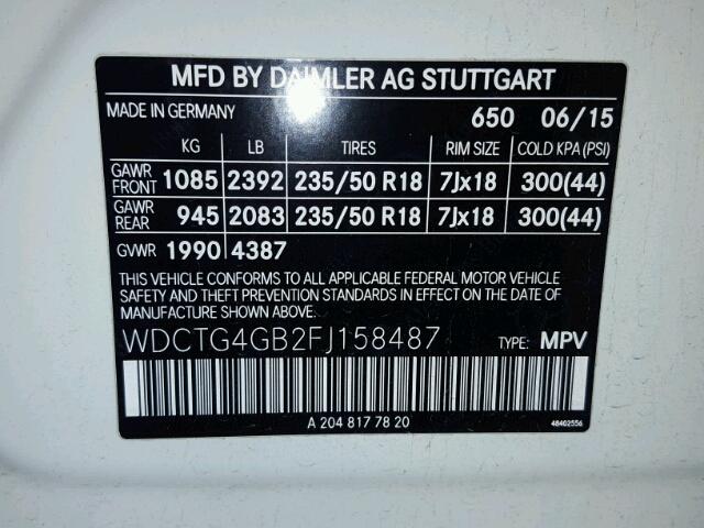 WDCTG4GB2FJ158487 - 2015 MERCEDES-BENZ GLA 250 4M WHITE photo 10