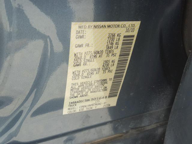 1N6BA0EC3BN305648 - 2011 NISSAN TITAN S BLUE photo 10