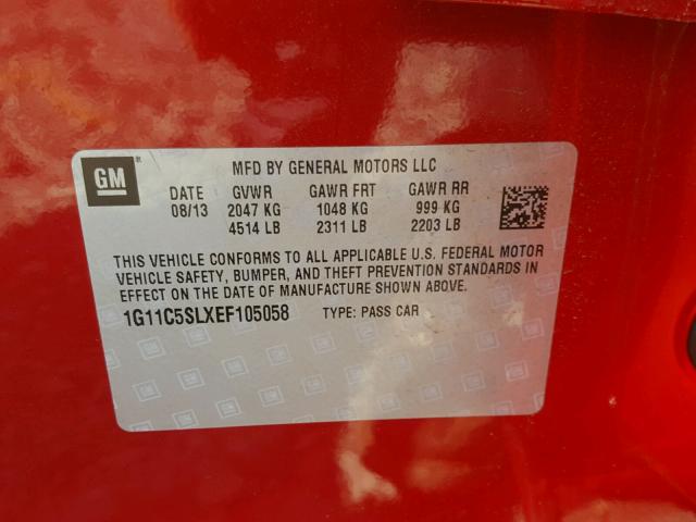 1G11C5SLXEF105058 - 2014 CHEVROLET MALIBU 1LT RED photo 10