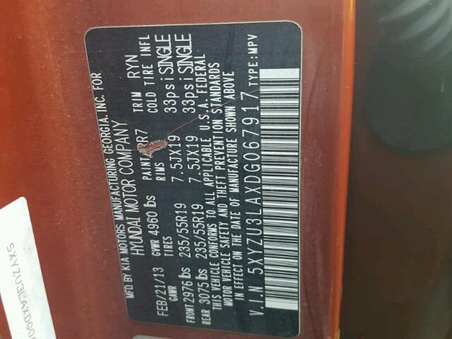 5XYZU3LAXDG067917 - 2013 HYUNDAI SANTA FE S ORANGE photo 10