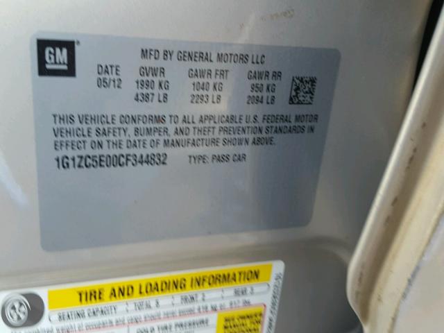 1G1ZC5E00CF344832 - 2012 CHEVROLET MALIBU 1LT ოქროსფერი ფოტო 10