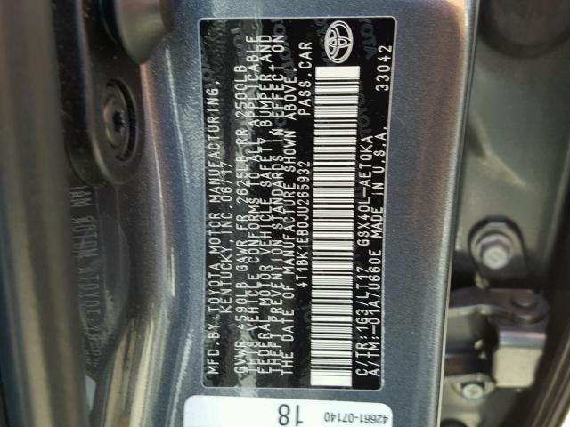 4T1BK1EB0JU265932 - 2018 TOYOTA AVALON XLE GRAY photo 10