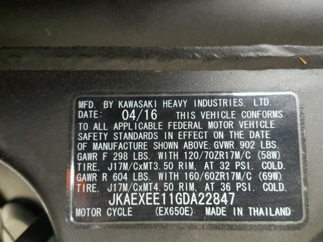 JKAEXEE11GDA22847 - 2016 KAWASAKI EX650 E GREEN photo 10