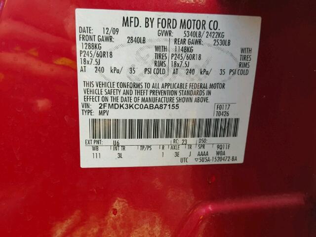 2FMDK3KC0ABA87155 - 2010 FORD EDGE Червоний фото 10