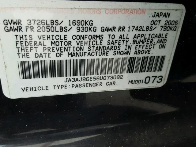 JA3AJ86E56U073092 - 2006 MITSUBISHI LANCER OZ BLACK photo 10