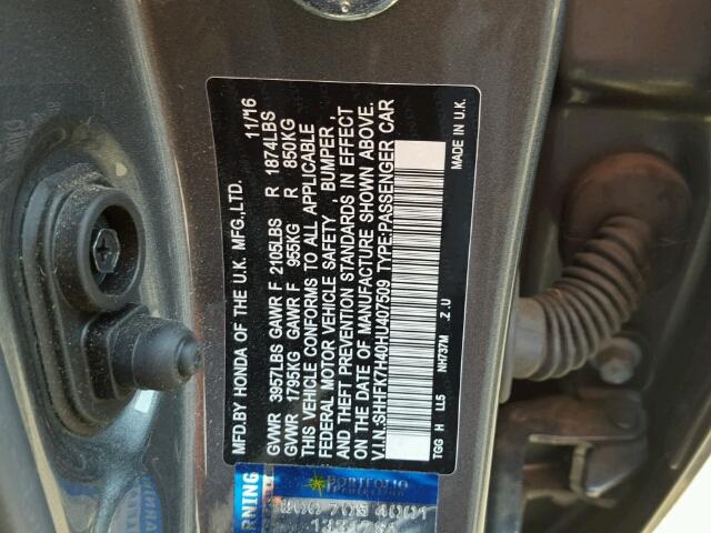 SHHFK7H40HU407509 - 2017 HONDA CIVIC CHARCOAL photo 10