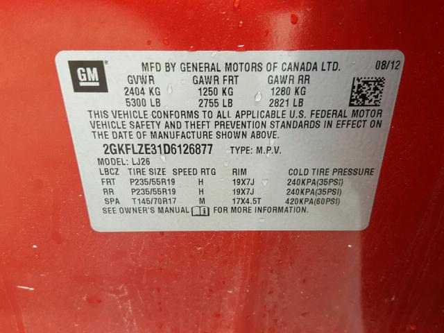 2GKFLZE31D6126877 - 2013 GMC TERRAIN DE MAROON photo 10