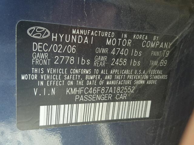 KMHFC46F87A182552 - 2007 HYUNDAI AZERA SE BLUE photo 10