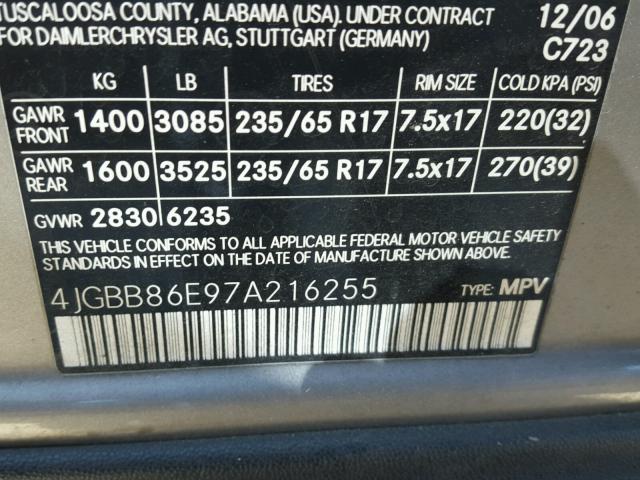 4JGBB86E97A216255 - 2007 MERCEDES-BENZ ML 350 SILVER photo 10