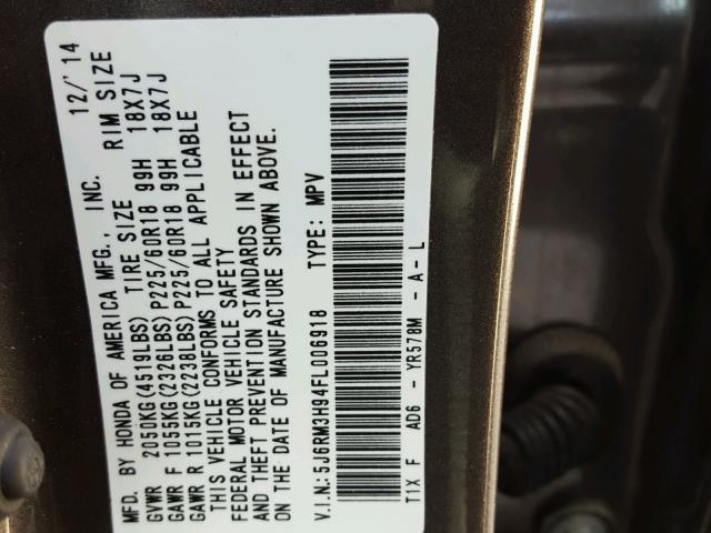 5J6RM3H94FL006918 - 2015 HONDA CR-V TOURI GRAY photo 10