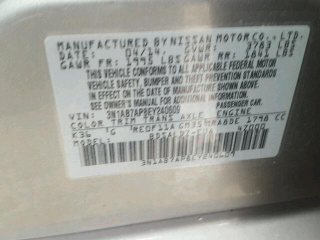 3N1AB7AP8EY240609 - 2014 NISSAN SENTRA S SILVER photo 10