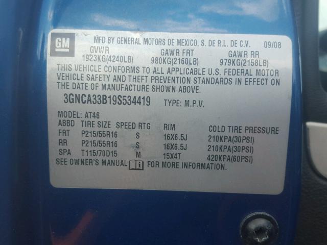 3GNCA33B19S534419 - 2009 CHEVROLET HHR LS TURQUOISE photo 10