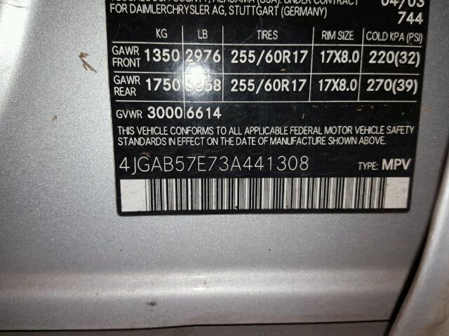 4JGAB57E73A441308 - 2003 MERCEDES-BENZ ML 350 SILVER photo 10