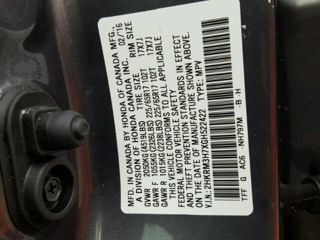 2HKRM3H7XGH522422 - 2016 HONDA CR-V GRAY photo 10