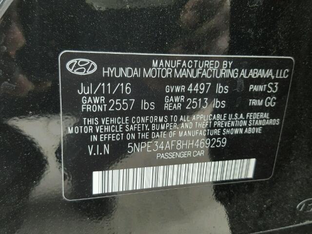 5NPE34AF8HH469259 - 2017 HYUNDAI SONATA SPO BLACK photo 10