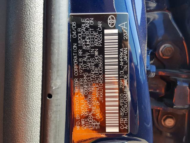 JTKKU10458J028655 - 2008 TOYOTA SCION BLUE photo 10