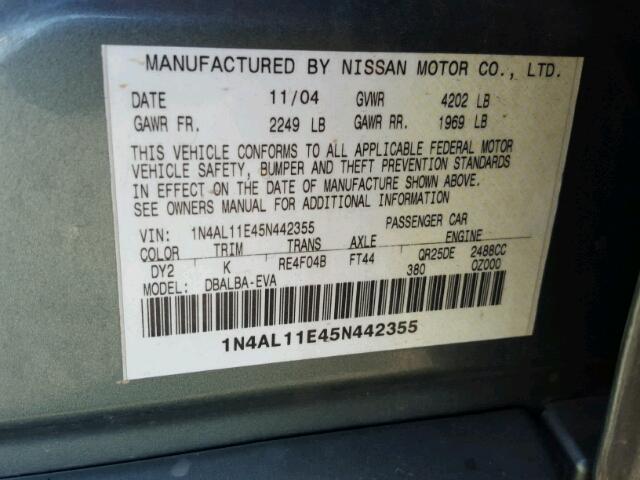 1N4AL11E45N442355 - 2005 NISSAN ALTIMA S GREEN photo 10