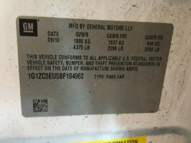 1G1ZC5EU5BF194962 - 2011 CHEVROLET MALIBU 1LT WHITE photo 10