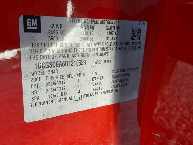 1GCGSCEA6G1210523 - 2016 CHEVROLET COLORADO L RED photo 10