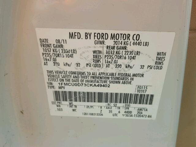 1FMCU0D73CKA49402 - 2012 FORD ESCAPE XLT WHITE photo 10