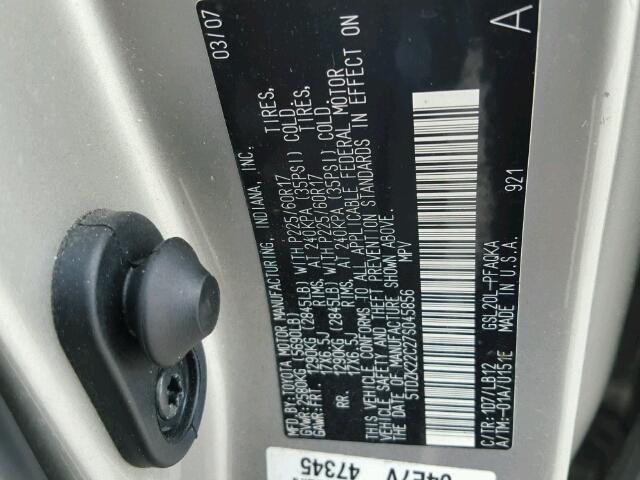 5TDZK22C27S045856 - 2007 TOYOTA SIENNA SILVER photo 10