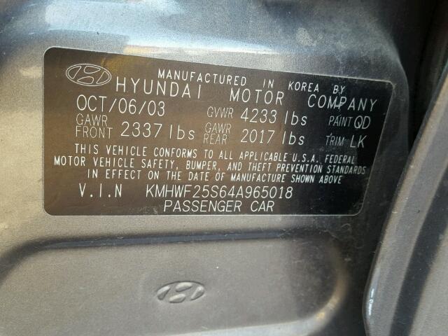 KMHWF25S64A965018 - 2004 HYUNDAI SONATA GL GRAY photo 10