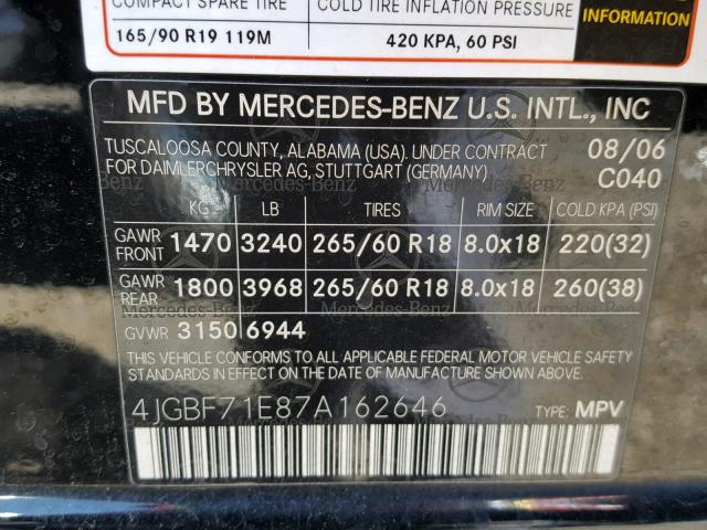 4JGBF71E87A162646 - 2007 MERCEDES-BENZ GL 450 4MA BLACK photo 10