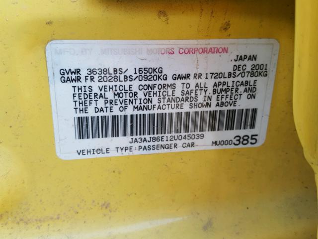 JA3AJ86E12U045039 - 2002 MITSUBISHI LANCER OZ YELLOW photo 10