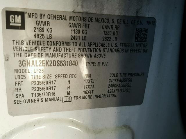 3GNAL2EK2DS531840 - 2013 CHEVROLET CAPTIVA LS 白色 照片 10