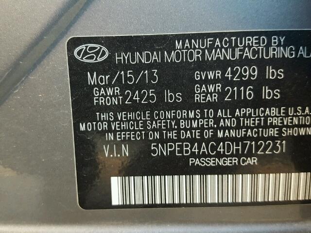 5NPEB4AC4DH712231 - 2013 HYUNDAI SONATA GLS GRAY photo 10