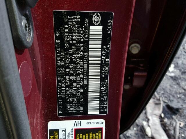 4T1BD1EB5DU016749 - 2013 TOYOTA AVALON HYB MAROON photo 10