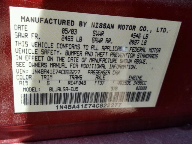 1N4BA41E74C822277 - 2004 NISSAN MAXIMA SE RED photo 10