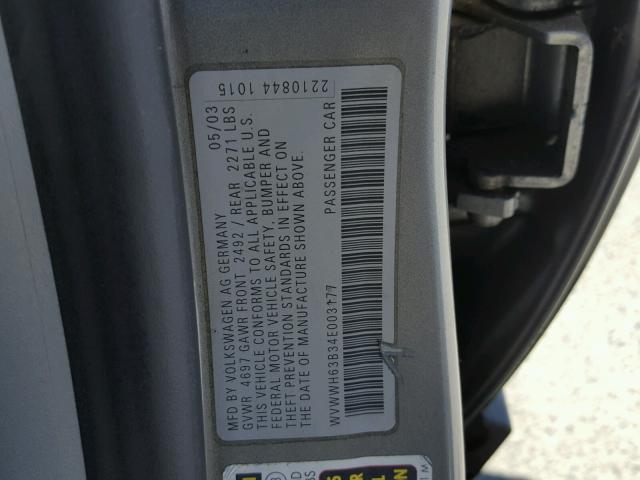 WVWWH63B34E003177 - 2004 VOLKSWAGEN PASSAT GLX 灰色 照片 10