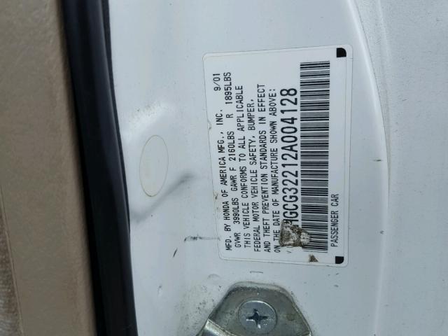 1HGCG32212A004128 - 2002 HONDA ACCORD SE WHITE photo 10