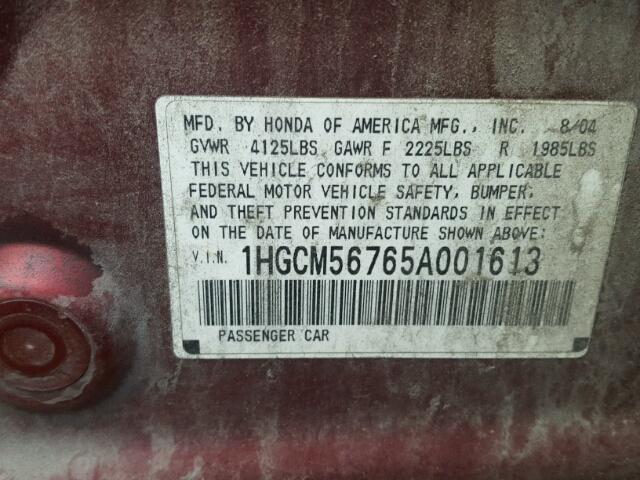 1HGCM56765A001613 - 2005 HONDA ACCORD EX BURGUNDY photo 10