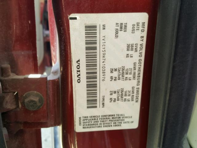 YV1CY59H741038976 - 2004 VOLVO XC90 BURGUNDY photo 10