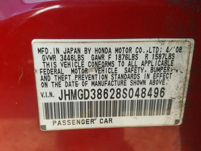 JHMGD38628S048496 - 2008 HONDA FIT SPORT RED photo 10