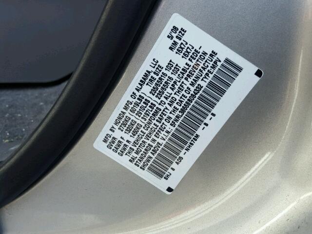 5FNRL38668B084332 - 2008 HONDA ODYSSEY EX SILVER photo 10