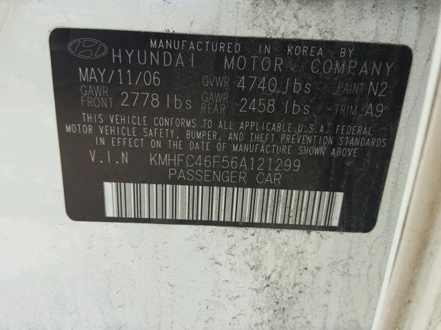 KMHFC46F56A121299 - 2006 HYUNDAI AZERA SE WHITE photo 10