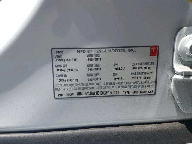 5YJSA1E1XGF160542 - 2016 TESLA MODEL S Սպիտակ լուսանկար 10