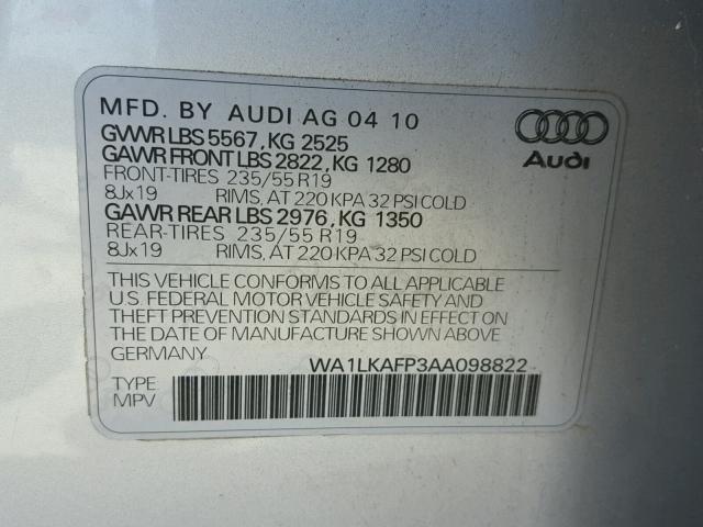 WA1LKAFP3AA098822 - 2010 AUDI Q5 PREMIUM SILVER photo 10