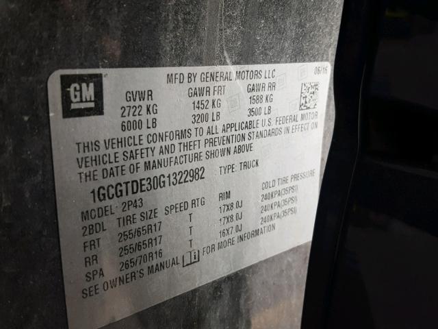 1GCGTDE30G1322982 - 2016 CHEVROLET COLORADO Z GRAY photo 10