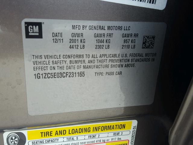 1G1ZC5E03CF231165 - 2012 CHEVROLET MALIBU 1LT GRAY photo 10