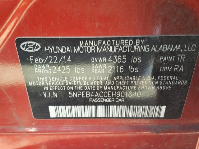 5NPEB4AC0EH901640 - 2014 HYUNDAI SONATA GLS BURGUNDY photo 10