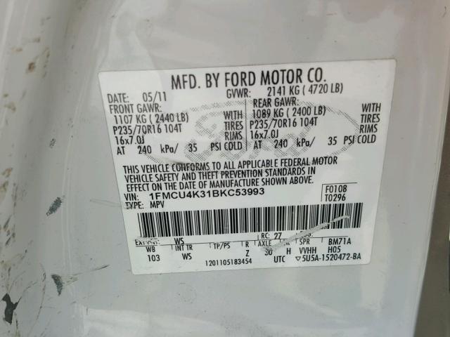 1FMCU4K31BKC53993 - 2011 FORD ESCAPE HYB WHITE photo 10