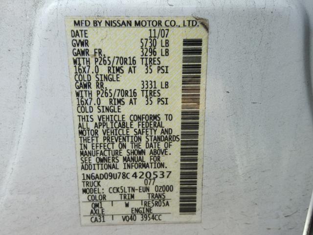 1N6AD09U78C420537 - 2008 NISSAN FRONTIER C WHITE photo 10