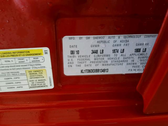 KL1TD6DEXBB134913 - 2011 CHEVROLET AVEO LS RED photo 10