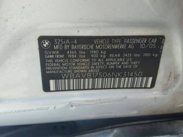 WBAVB17506NK31450 - 2006 BMW 325 I AUTO SILVER photo 10