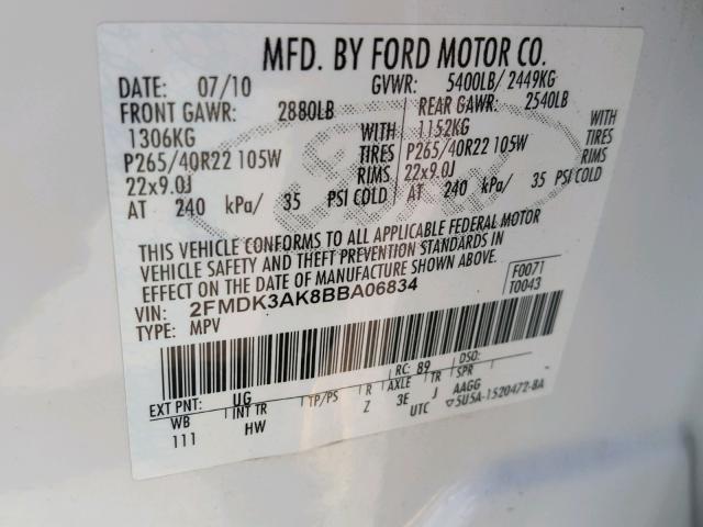 2FMDK3AK8BBA06834 - 2011 FORD EDGE SPORT WHITE photo 10