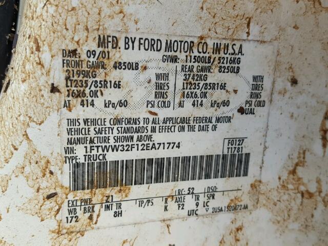 1FTWW32F12EA71774 - 2002 FORD F350 SUPER WHITE photo 10